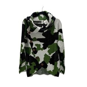 Plkomen Camo Wrap Sweater M NWT Faux Button Cozy Asymmetrical Pullover Army Warm